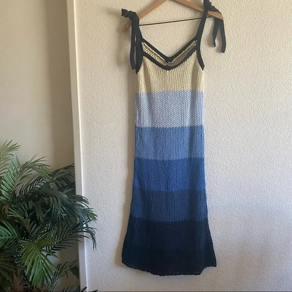 Zara Stripe Knit Midi Dress Tie Straps Blue Small - Picture 3 of 11